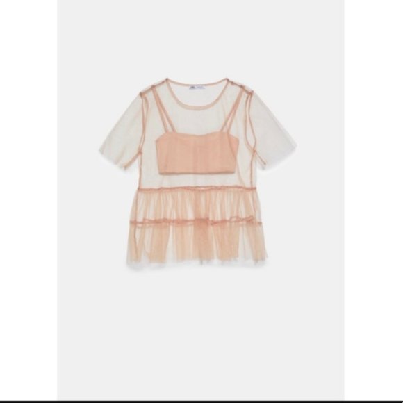 ZARA Nude Tulle Peplum Top Semi Sheer NWT Small - Picture 2 of 4